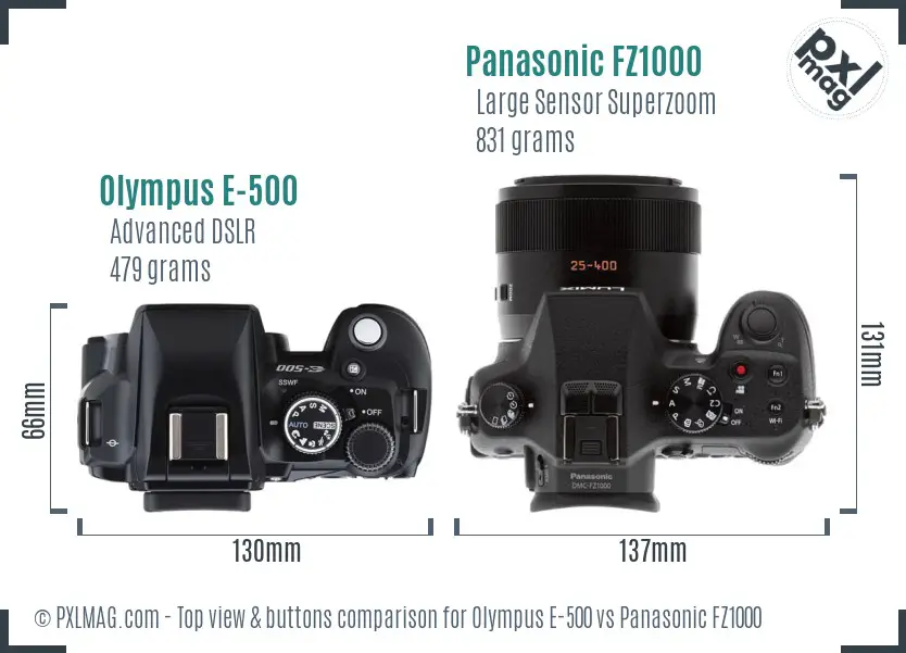 Olympus E-500 vs Panasonic FZ1000 top view buttons comparison