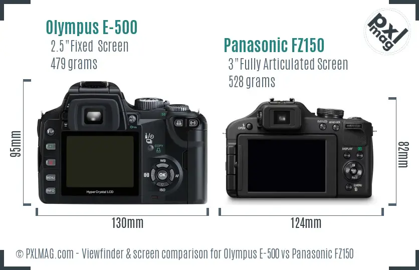 Olympus E-500 vs Panasonic FZ150 Screen and Viewfinder comparison