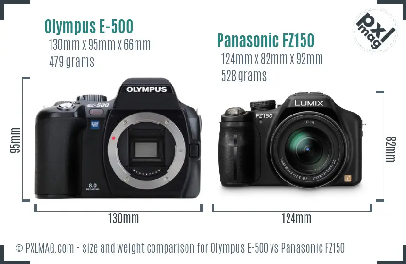 Olympus E-500 vs Panasonic FZ150 size comparison