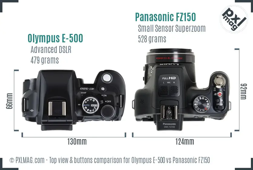 Olympus E-500 vs Panasonic FZ150 top view buttons comparison