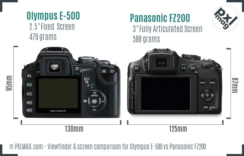 Olympus E-500 vs Panasonic FZ200 Screen and Viewfinder comparison