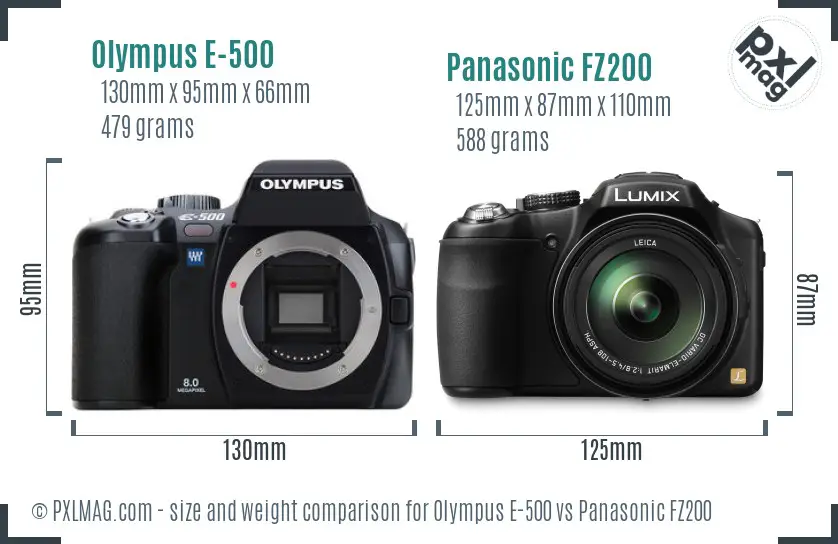 Olympus E-500 vs Panasonic FZ200 size comparison