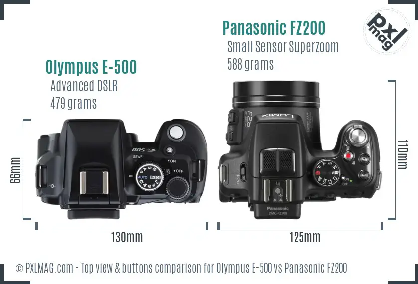 Olympus E-500 vs Panasonic FZ200 top view buttons comparison