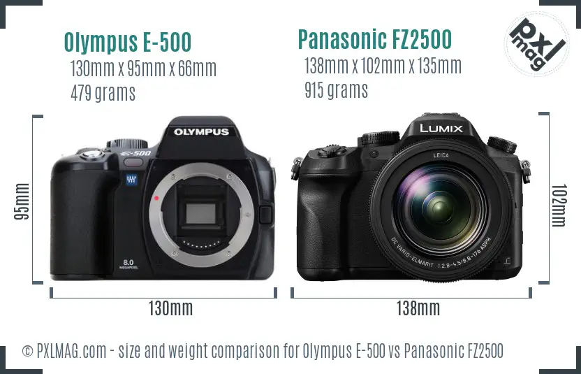 Olympus E-500 vs Panasonic FZ2500 size comparison