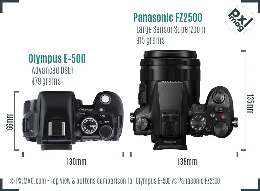 Olympus E-500 vs Panasonic FZ2500 top view buttons comparison