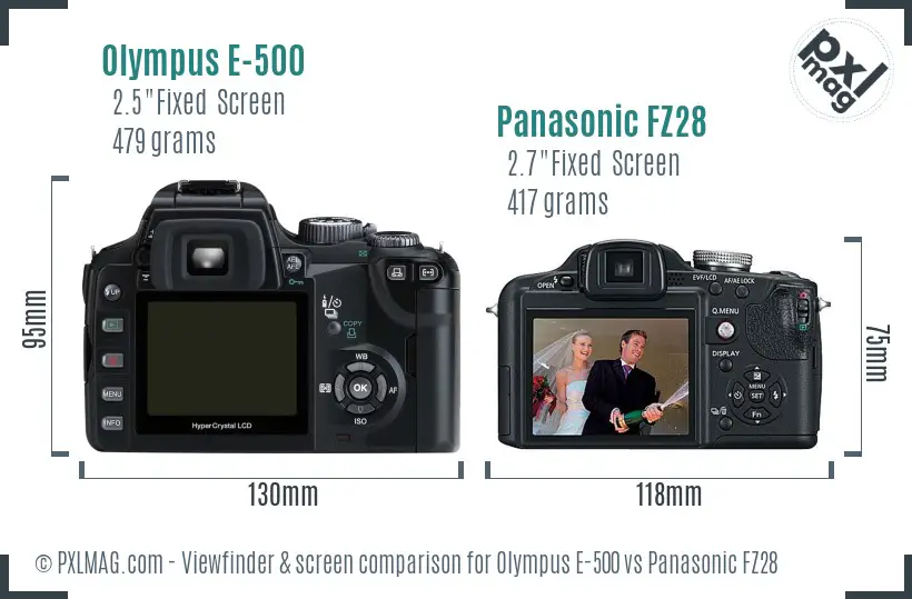 Olympus E-500 vs Panasonic FZ28 Screen and Viewfinder comparison