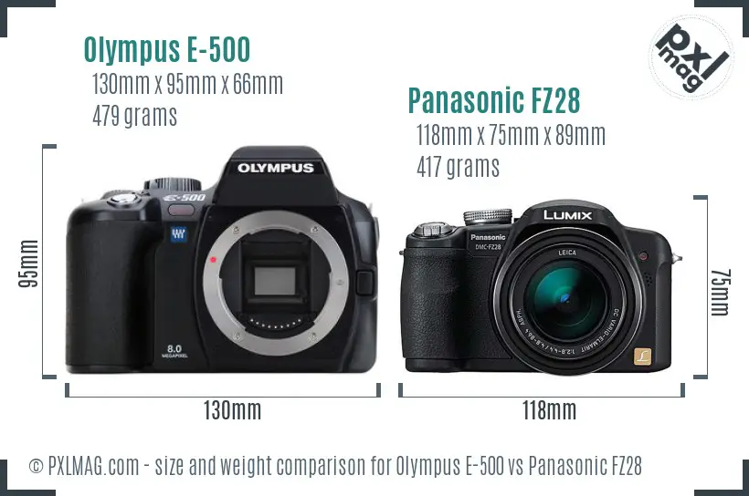 Olympus E-500 vs Panasonic FZ28 size comparison