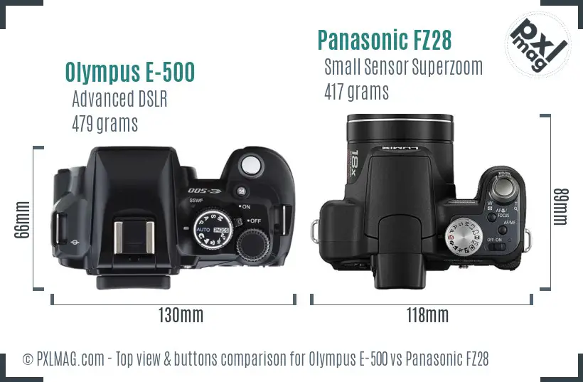 Olympus E-500 vs Panasonic FZ28 top view buttons comparison