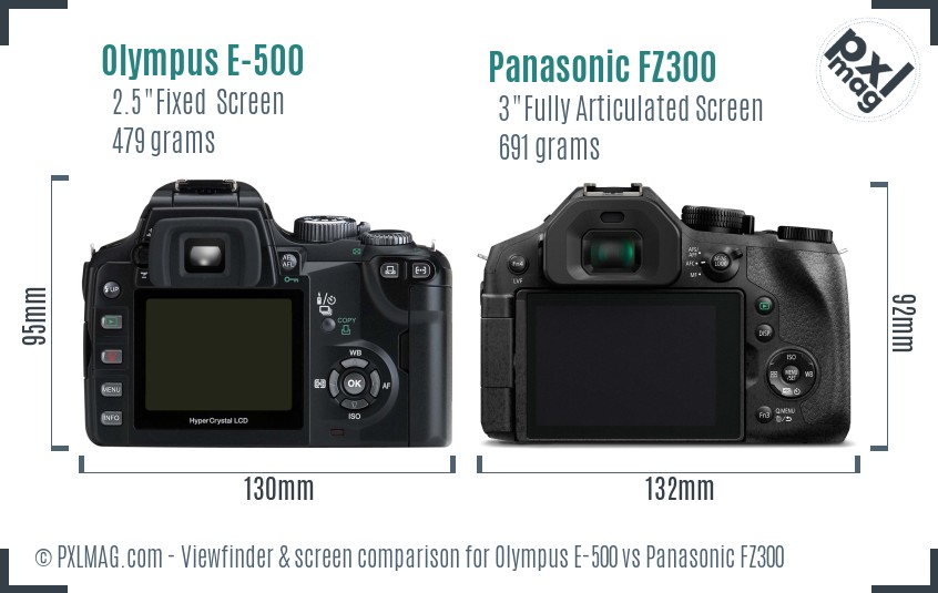 Olympus E-500 vs Panasonic FZ300 Screen and Viewfinder comparison