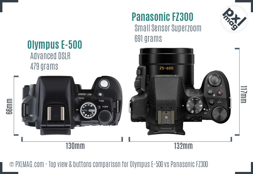 Olympus E-500 vs Panasonic FZ300 top view buttons comparison