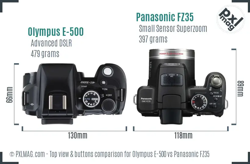 Olympus E-500 vs Panasonic FZ35 top view buttons comparison