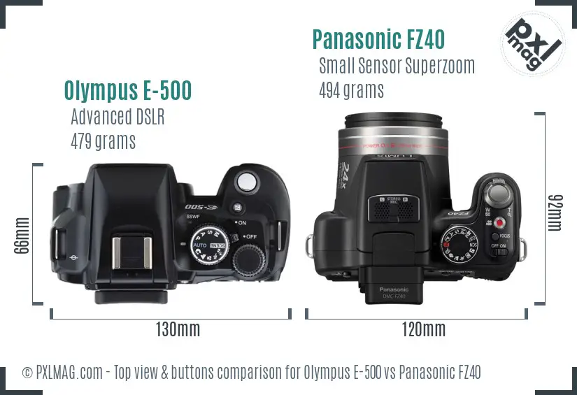 Olympus E-500 vs Panasonic FZ40 top view buttons comparison