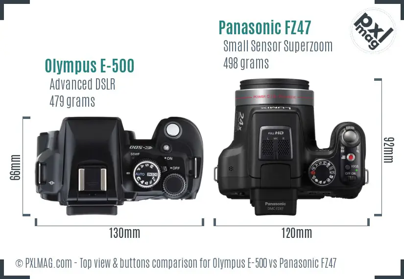 Olympus E-500 vs Panasonic FZ47 top view buttons comparison