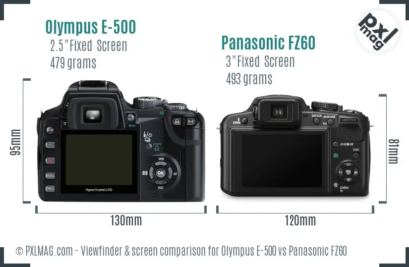 Olympus E-500 vs Panasonic FZ60 Screen and Viewfinder comparison