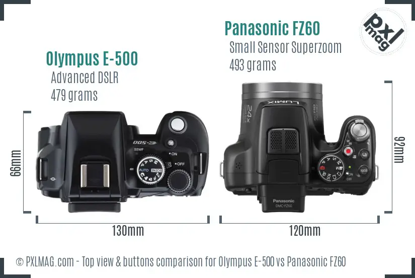 Olympus E-500 vs Panasonic FZ60 top view buttons comparison