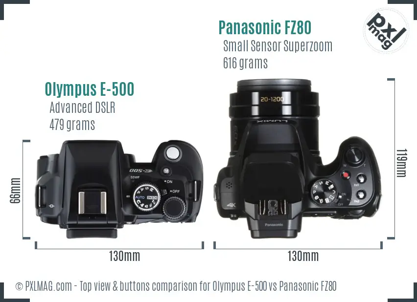 Olympus E-500 vs Panasonic FZ80 top view buttons comparison
