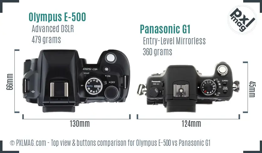 Olympus E-500 vs Panasonic G1 top view buttons comparison