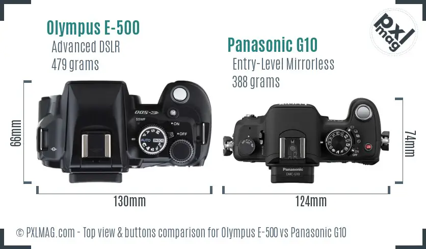 Olympus E-500 vs Panasonic G10 top view buttons comparison
