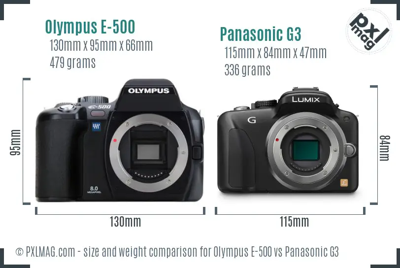 Olympus E-500 vs Panasonic G3 size comparison