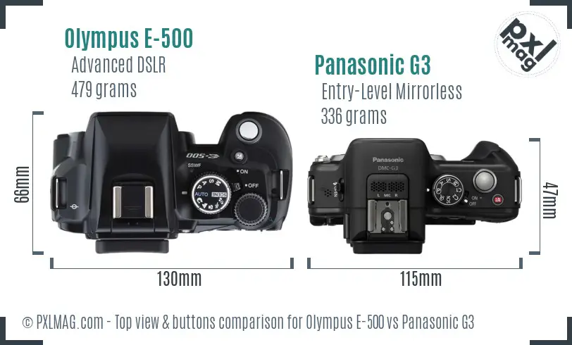 Olympus E-500 vs Panasonic G3 top view buttons comparison