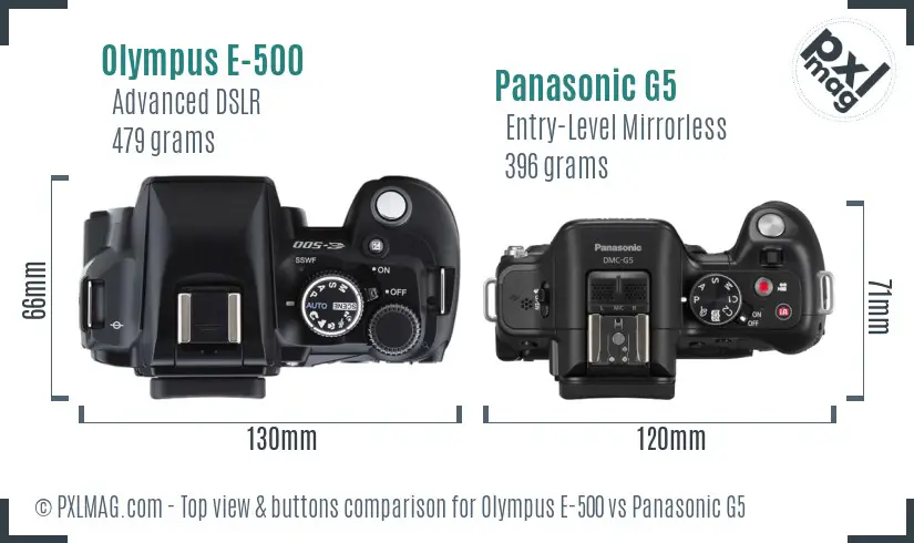 Olympus E-500 vs Panasonic G5 top view buttons comparison