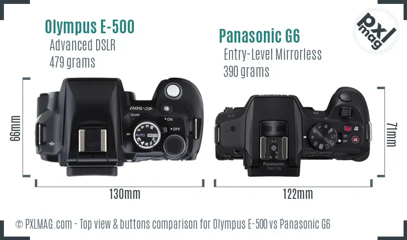 Olympus E-500 vs Panasonic G6 top view buttons comparison
