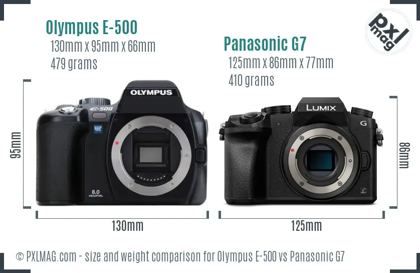 Olympus E-500 vs Panasonic G7 size comparison