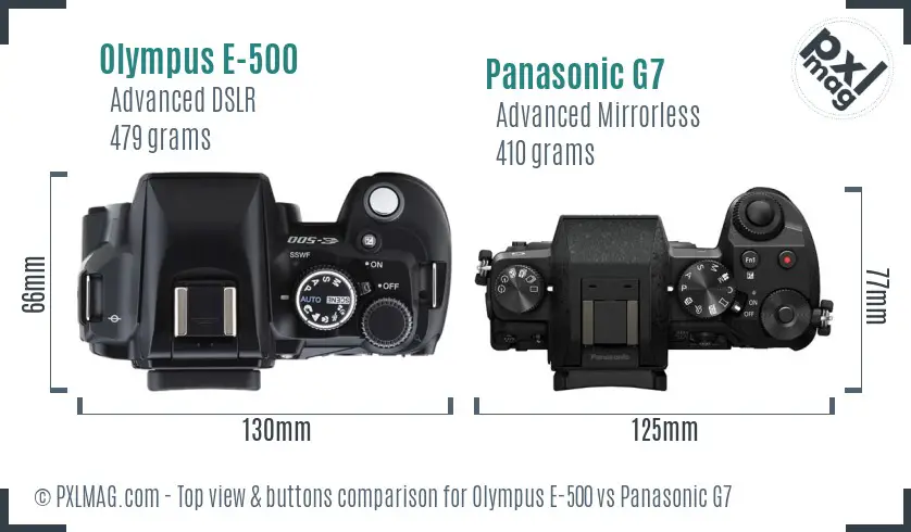 Olympus E-500 vs Panasonic G7 top view buttons comparison