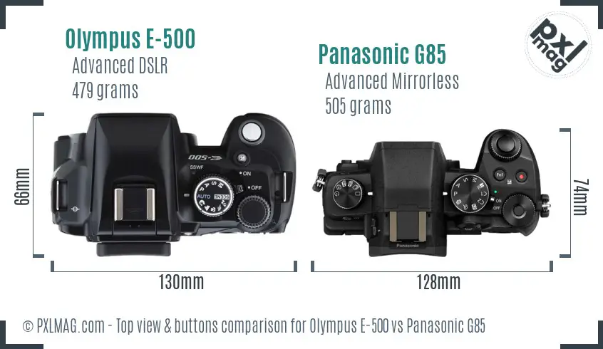 Olympus E-500 vs Panasonic G85 top view buttons comparison