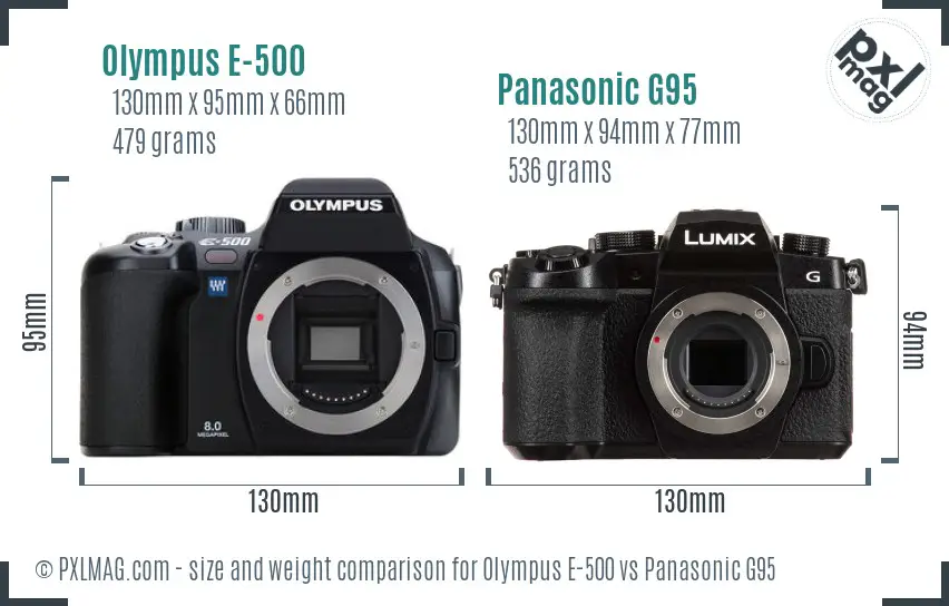 Olympus E-500 vs Panasonic G95 size comparison