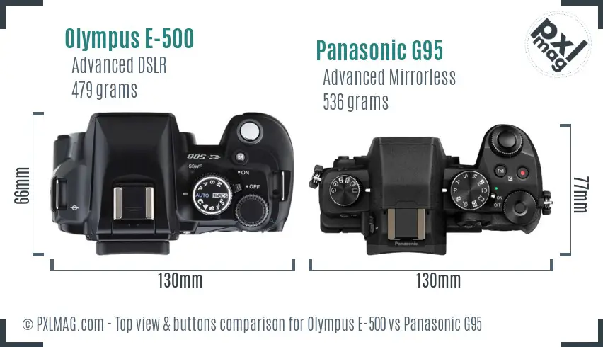 Olympus E-500 vs Panasonic G95 top view buttons comparison