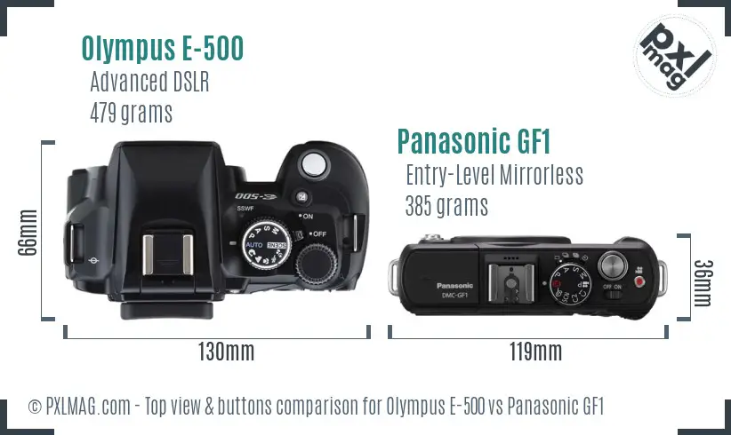 Olympus E-500 vs Panasonic GF1 top view buttons comparison