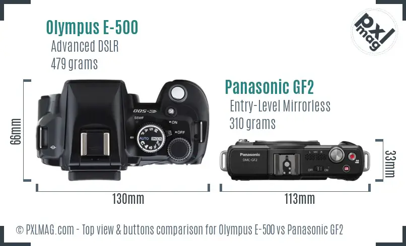 Olympus E-500 vs Panasonic GF2 top view buttons comparison