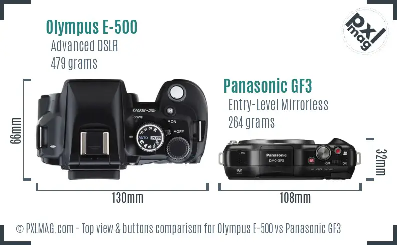 Olympus E-500 vs Panasonic GF3 top view buttons comparison