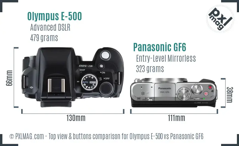 Olympus E-500 vs Panasonic GF6 top view buttons comparison