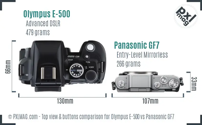Olympus E-500 vs Panasonic GF7 top view buttons comparison