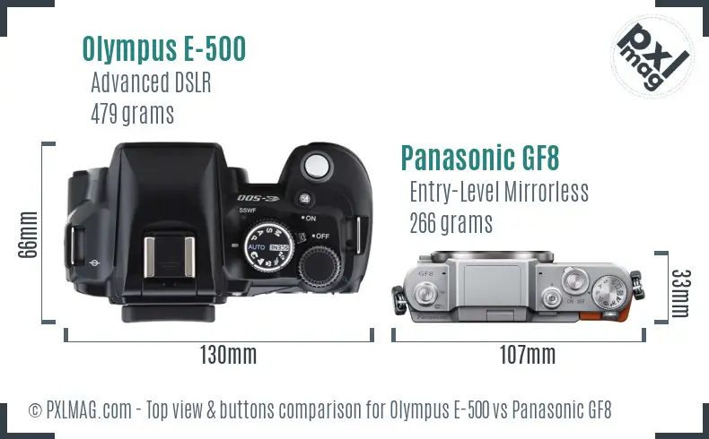 Olympus E-500 vs Panasonic GF8 top view buttons comparison