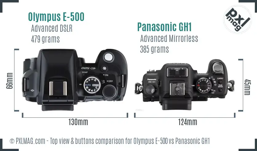 Olympus E-500 vs Panasonic GH1 top view buttons comparison