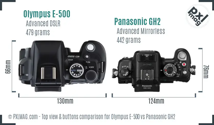 Olympus E-500 vs Panasonic GH2 top view buttons comparison
