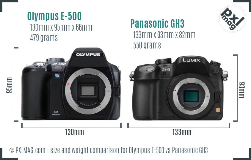 Olympus E-500 vs Panasonic GH3 size comparison