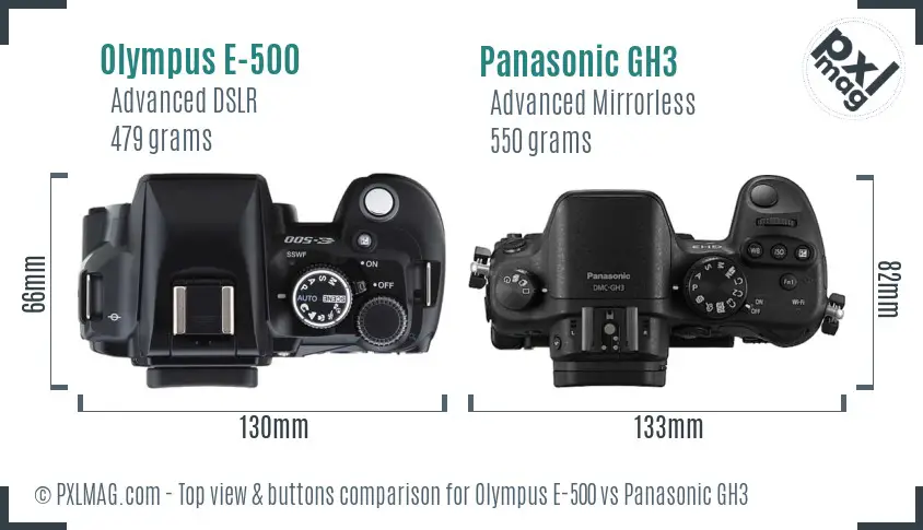 Olympus E-500 vs Panasonic GH3 top view buttons comparison