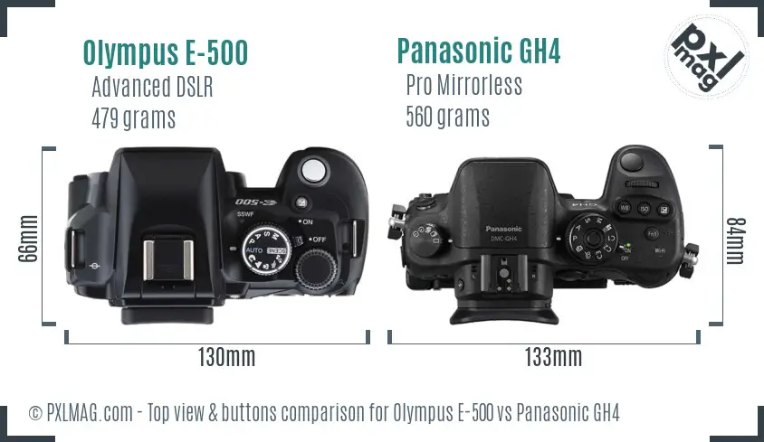 Olympus E-500 vs Panasonic GH4 top view buttons comparison