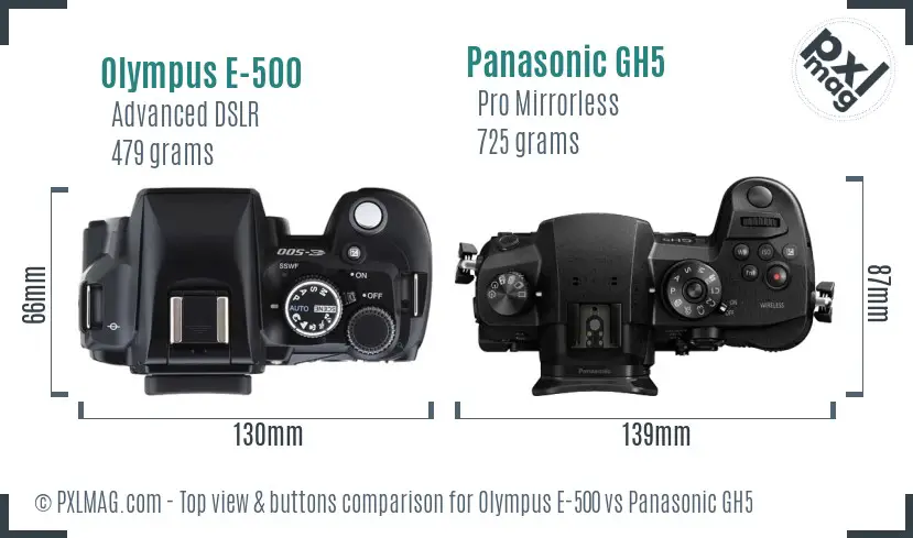 Olympus E-500 vs Panasonic GH5 top view buttons comparison