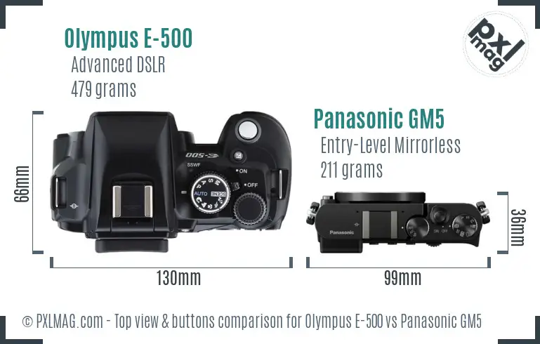 Olympus E-500 vs Panasonic GM5 top view buttons comparison