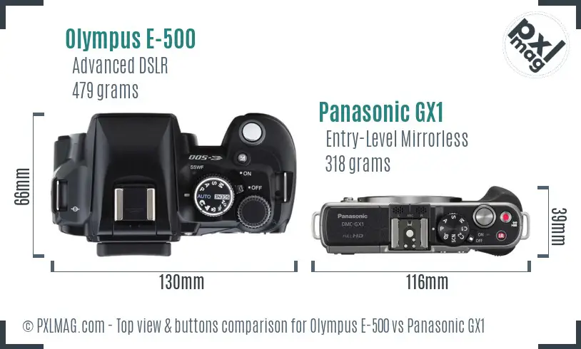 Olympus E-500 vs Panasonic GX1 top view buttons comparison