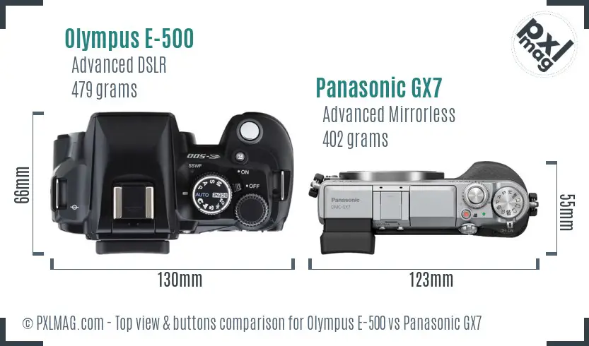 Olympus E-500 vs Panasonic GX7 top view buttons comparison