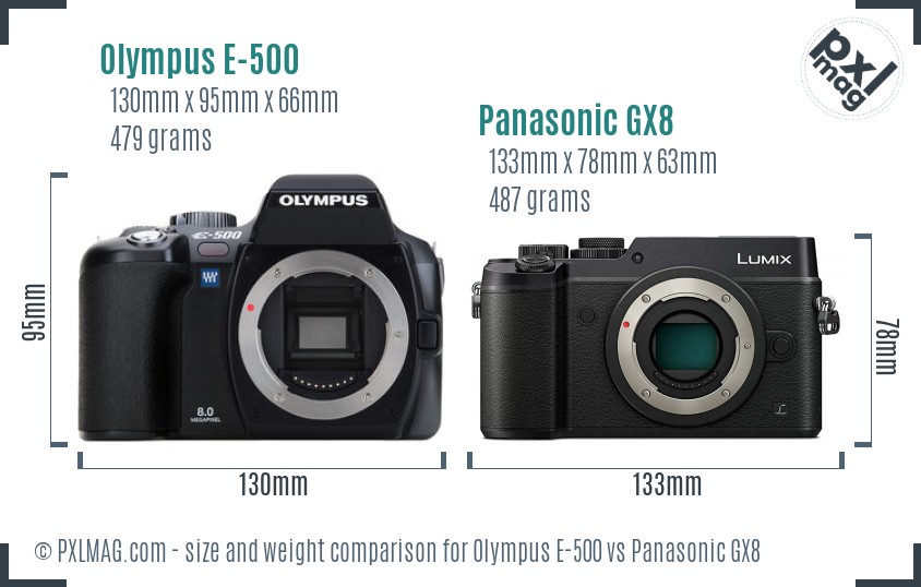 Olympus E-500 vs Panasonic GX8 size comparison