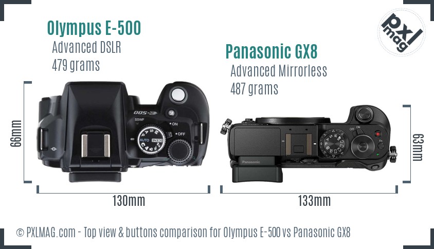 Olympus E-500 vs Panasonic GX8 top view buttons comparison