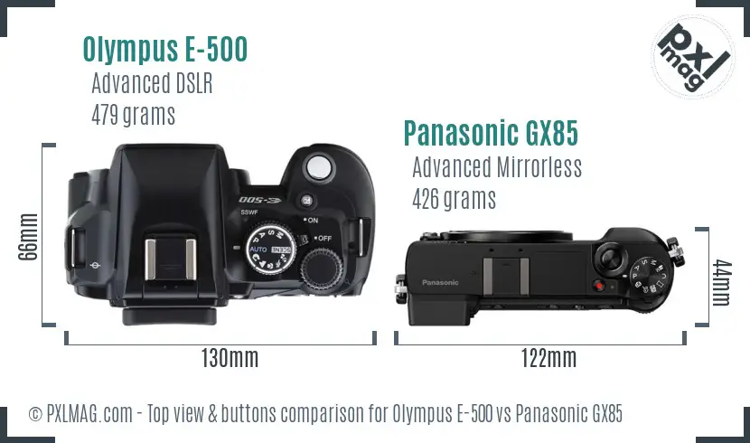 Olympus E-500 vs Panasonic GX85 top view buttons comparison