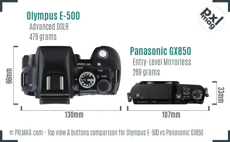 Olympus E-500 vs Panasonic GX850 top view buttons comparison